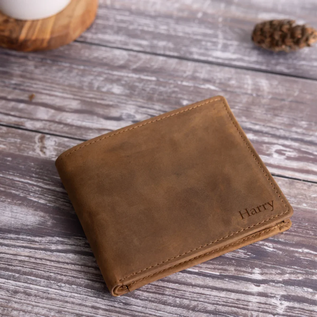 Personalized Men's Wallet, Bifold Brown Leather Wallet, Personalised Zip Coin Pocket Leather Wallet, Custom Engraved Wallet, Chr