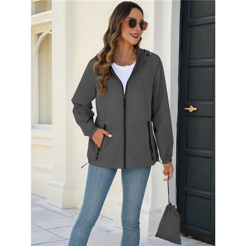 سترة المطر ABFU للنساء سترة واقية مقاومة للماء مع غطاء محرك السيارة معطف واق من المطر قابل للتعبئة مع جيوب