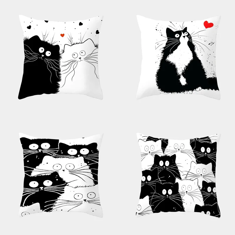 

Cat Cushion Cover Cute Cartoon Cat Throw Pillow Case Cover For Sofa Decorative Pillowcase Creative Black White Cat Cushion Cover