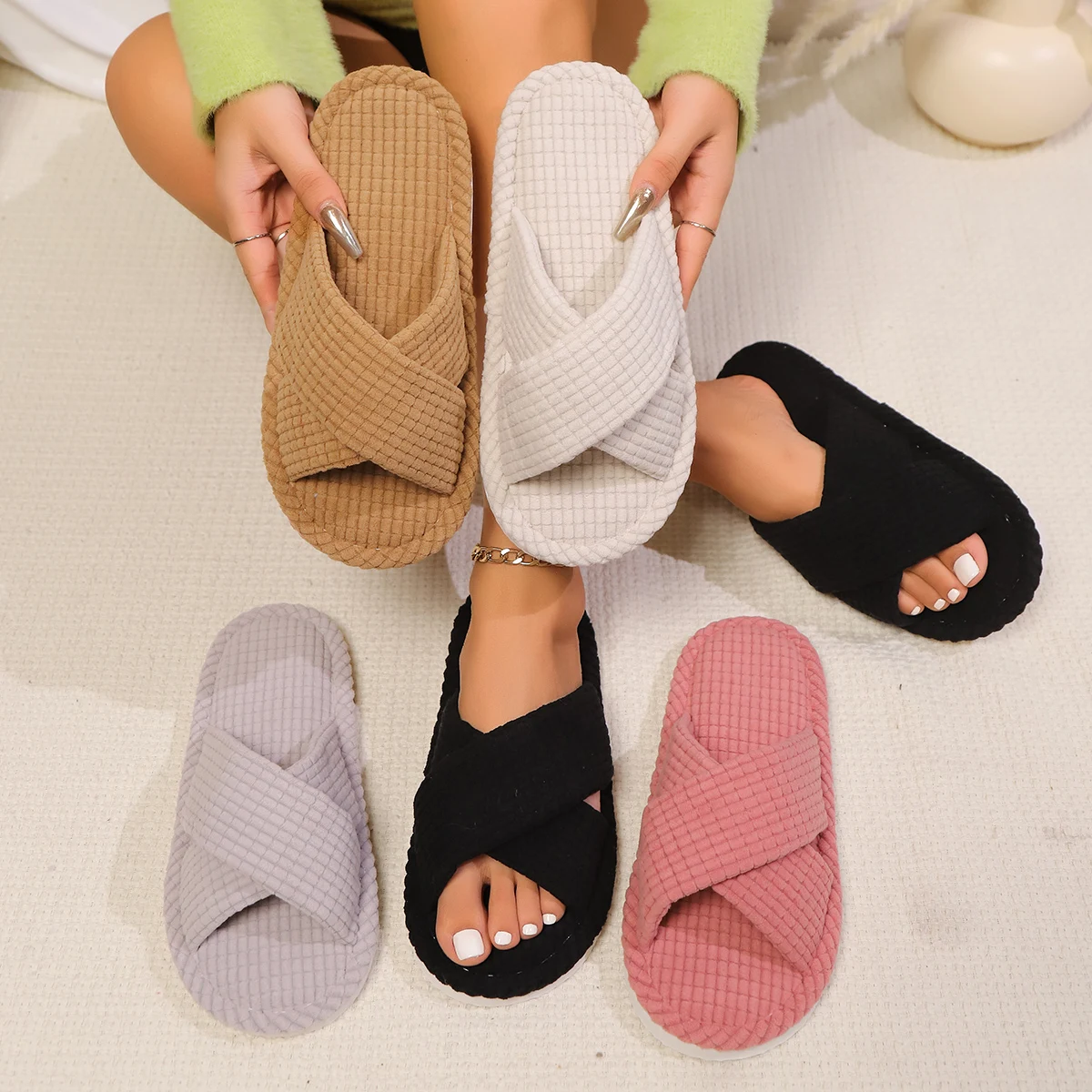 Women‘s Cross Band Slippers Spring Autumn Woman Outdoor Indoor Slides Open Toe Slipper EVA Light Living Room Strap Flip Flops