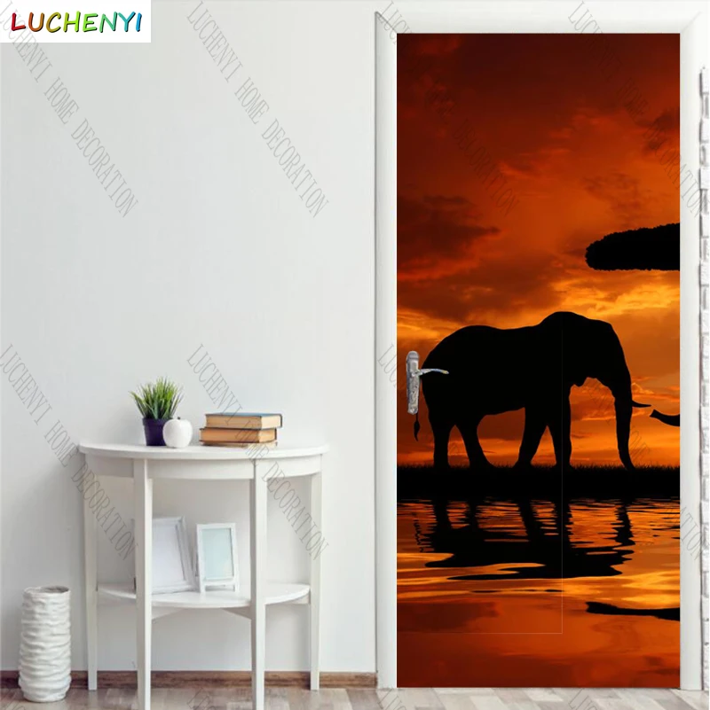 Papel de parede Big Elephant  Migration Sunset afterglow  landscape door sticker bedroom door wallpaper mural , home decoration