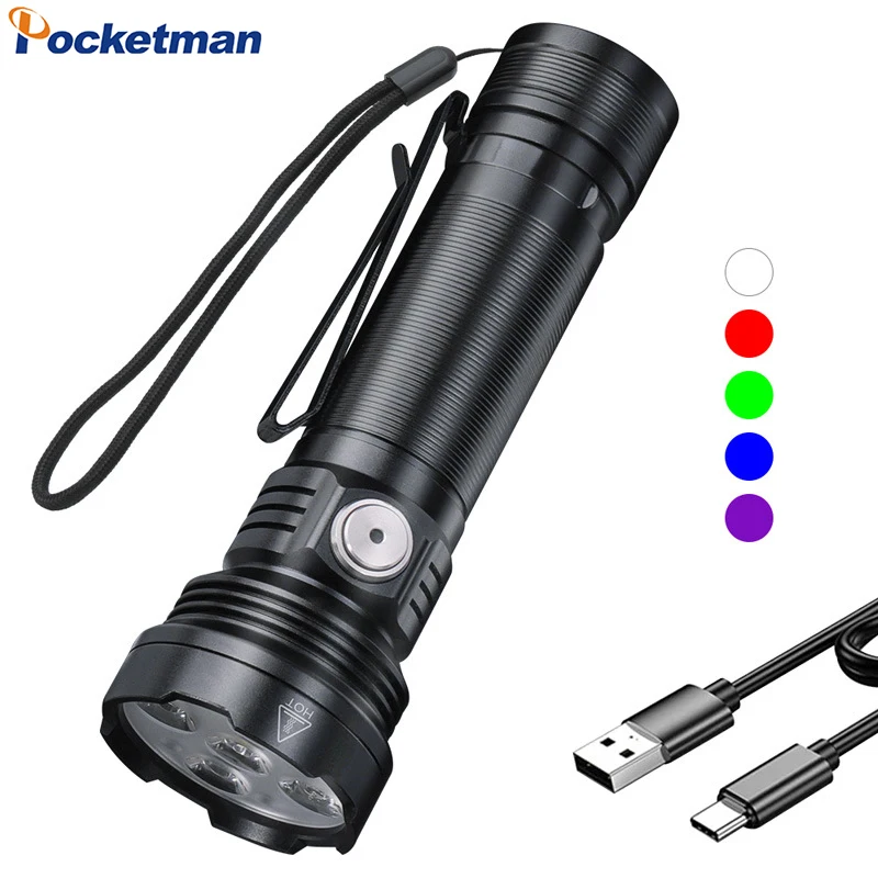 

Five-color Light Source Blue/Green/Red/White/UV Light USB Rechargeable Flashlight Outdoor Emergency Light Tactical Flashlights