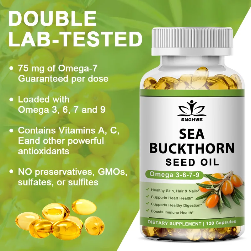 Organic Omega-7 Sea Buckthorn Seed Oil Capsule for Heart, Immune Support, and Intestinal Health, Healthy Skin, Hair and Nails