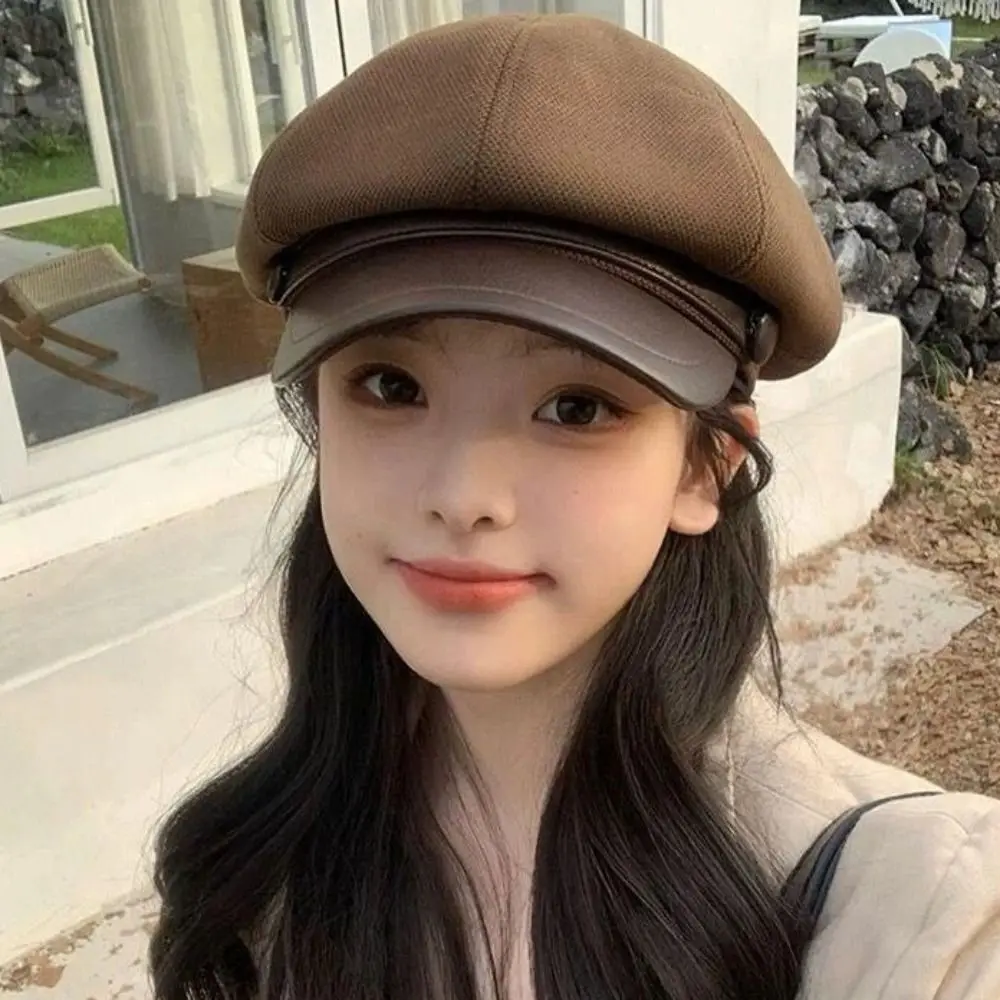 

Fashion British Style Pu Leather Beret Retro Korean Style Wool Octagonal Hat Artist Hat Newsboy Cap Painter Hat Autumn