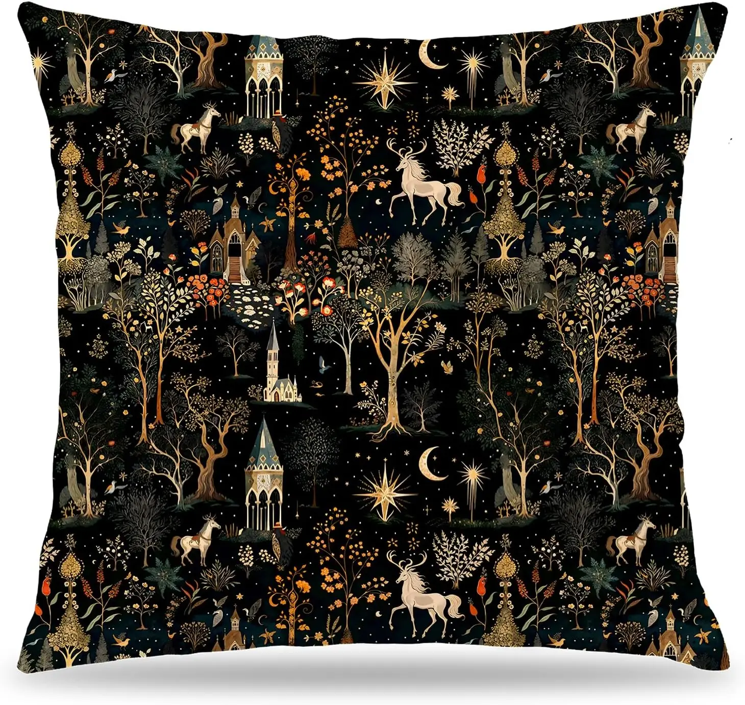 Mittelalterliche dunkle gotische Waldkissenbezüge 18x18 doppelseitig |   Cottagecore-Raumdekoration, Boho-Hexenartiger Himmelschleier