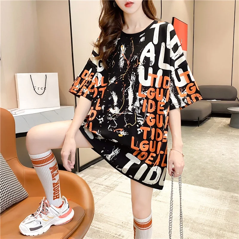 

Summer Loose ort Sve Women's T-irt Cool Sle Polyester Fabric round Neline Creative Pattern Commute Faion