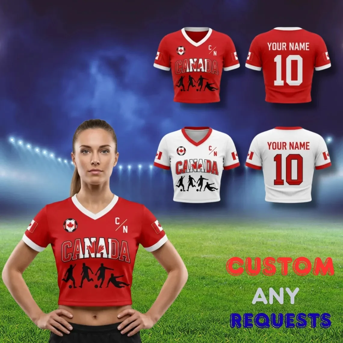 Canada Soccer Fan Crop Top Custom Name Number Jersey, Women's Sports T-Shirts Gift