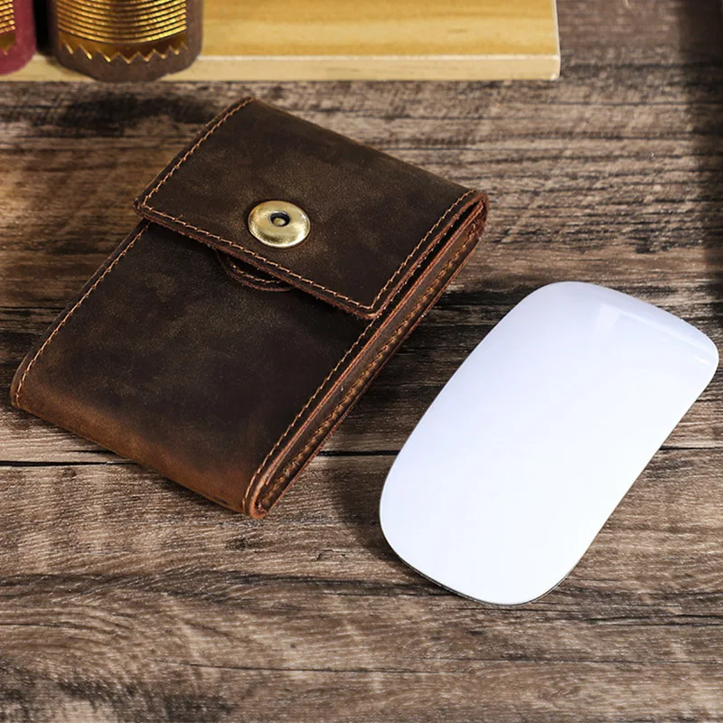 Vintage Crazy Horse Leather Genuine Cowhide Multi-Functional Snap Pouch Bag Compact Protective Case for AirPods Cards Coins