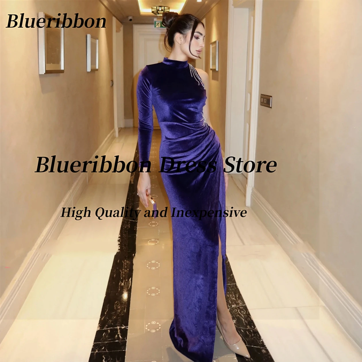 

Blueribbon High Collar Prom Dresses Beading Long Sleeve Evening Gowns Ruched Side Slit Velour Bespoke Party Dress Customized