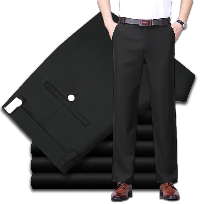 

Solid color high-end straight leg hanging Western pants for men slim fit business versatile suit wide leg casual pants navy blue
