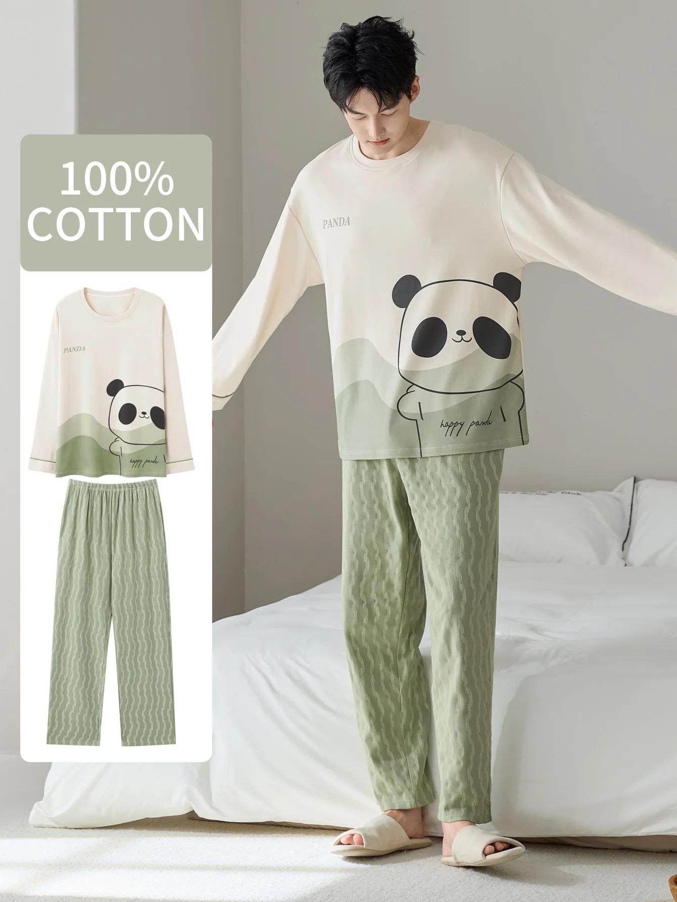 

Мужская одежда для сна из 100% хлопка с длинными рукавами, четырехсезонная мужская одежда больших размеров, подростковый домашний костюм из чистого хлопка, комплект для тепла