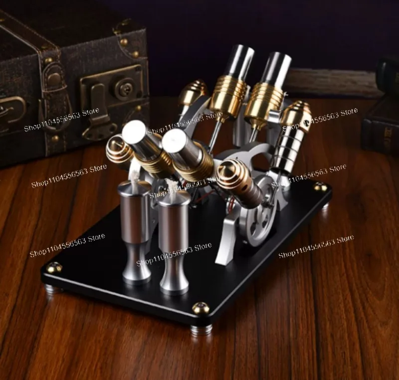 All-Metal V4 Four-Cylinder Stirling Engine Kit with Generator, Stainless Steel Heating Tube DIY Model for Gift Collection