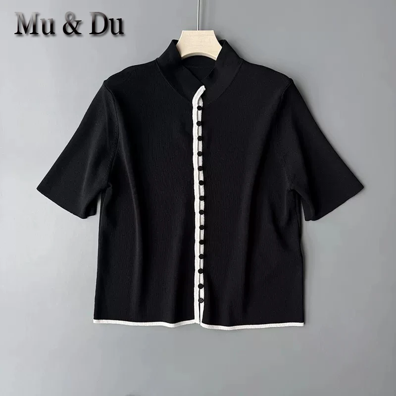 Korean Style Color Block Neck Knitted Short Sleeve T-Shirt Women Cardigan Loose Shoulder Top Casual Loose Cotton Blend Top Y2k