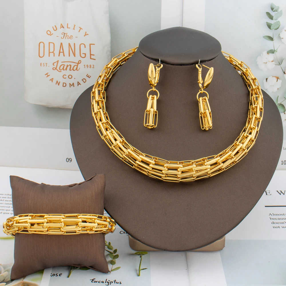 Dubai Jewelry Set Women Fashion Gold Color Thick Necklace African Earrings Bracelet Ring Bride Banquet Wedding Party Jewelry