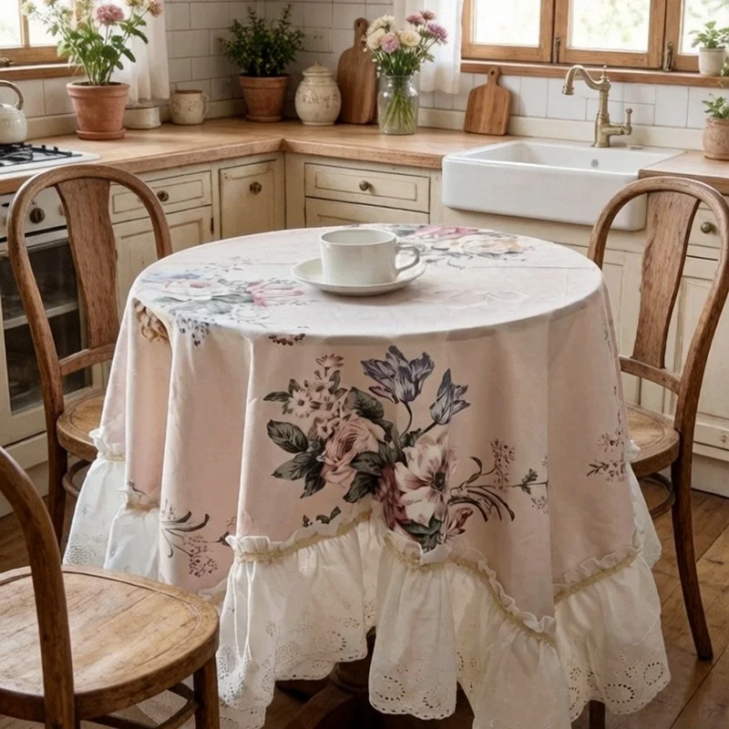 French Pastoral Style Embroidery Pure Cotton Tablecloth Ruffle Floral Pattern Rotundity Restaurant Living Room Home Decoration