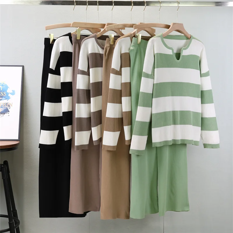 2024 Autumn New Retro Women Sweater Set Casual Pullovers Suits Striped Knitted Long Sleeve Elegance Tops Elastic Wide Leg Pant