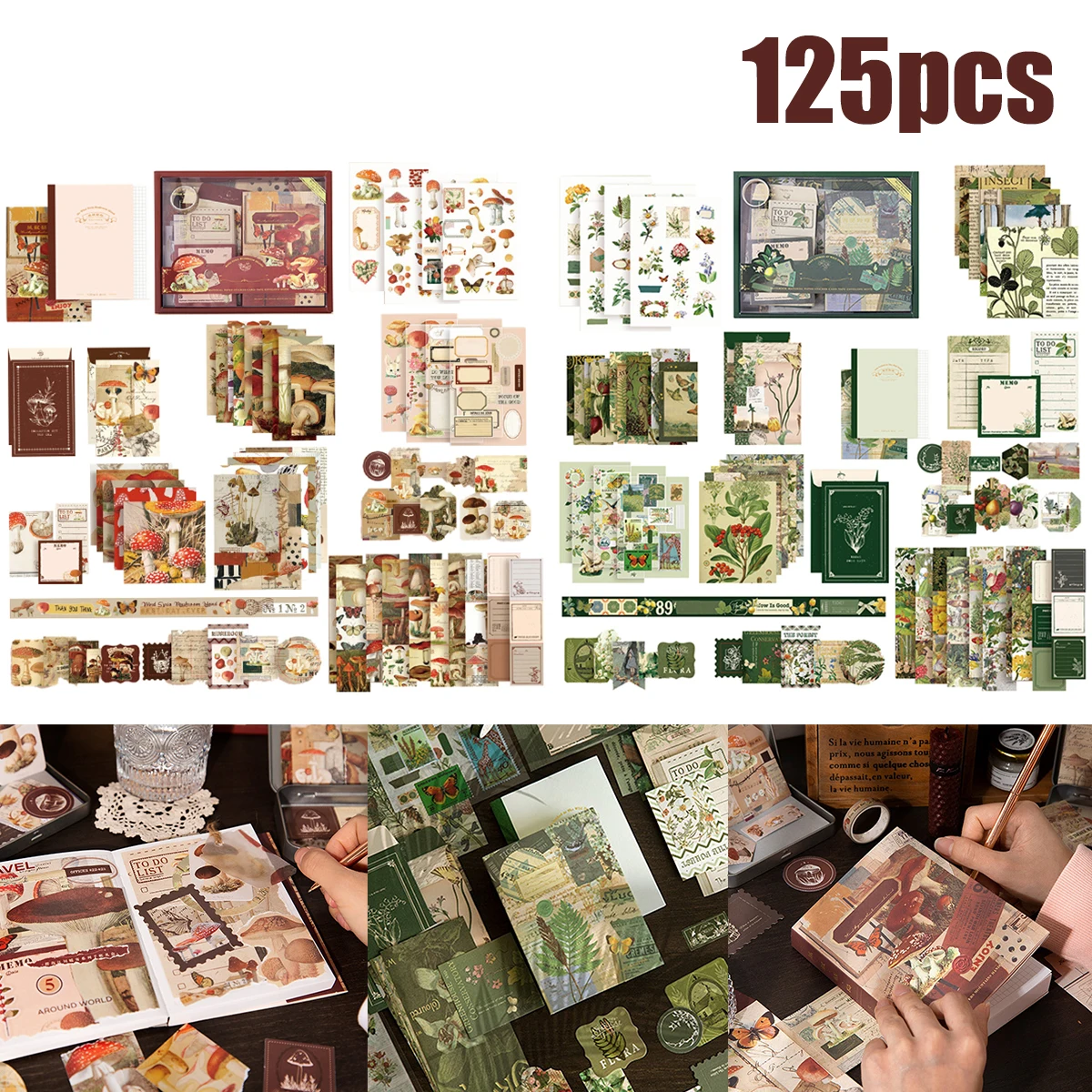 125Pcs Retro Scrapbook Kit with Gift Box DIY Decoration Vintage Notebook Diary Card Scrapbook Supplies Stickers Art Crafts