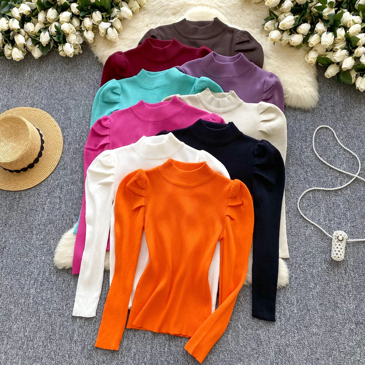 Chic Women Vintage Half High Collar Basics Puff Sleeve Slim Knitted Top Korean Streetwear High Street Autumn Winter Clothing