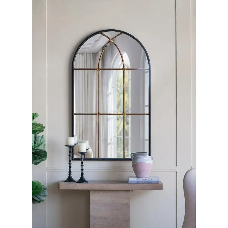

Arched Wall Mirror 28.3x47 Inches Black Gold Windowpane Design Elegant Home Decor