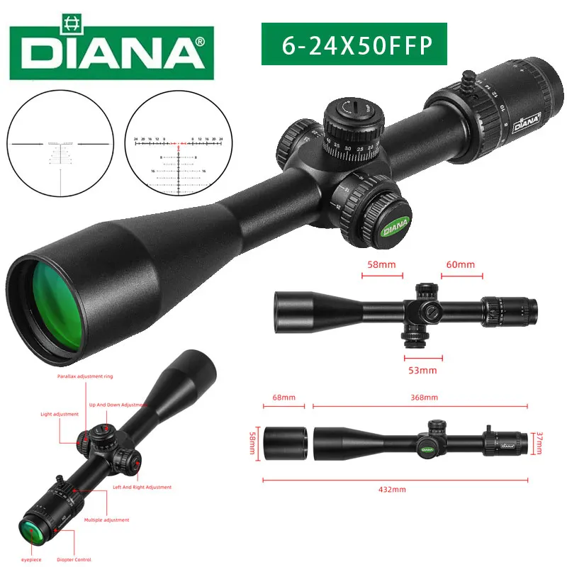 DIANA 6-24X50 SFIR FFP Scope First Focal Plane Hunting Riflescopes Red Illuminated Shooting Optical Sights