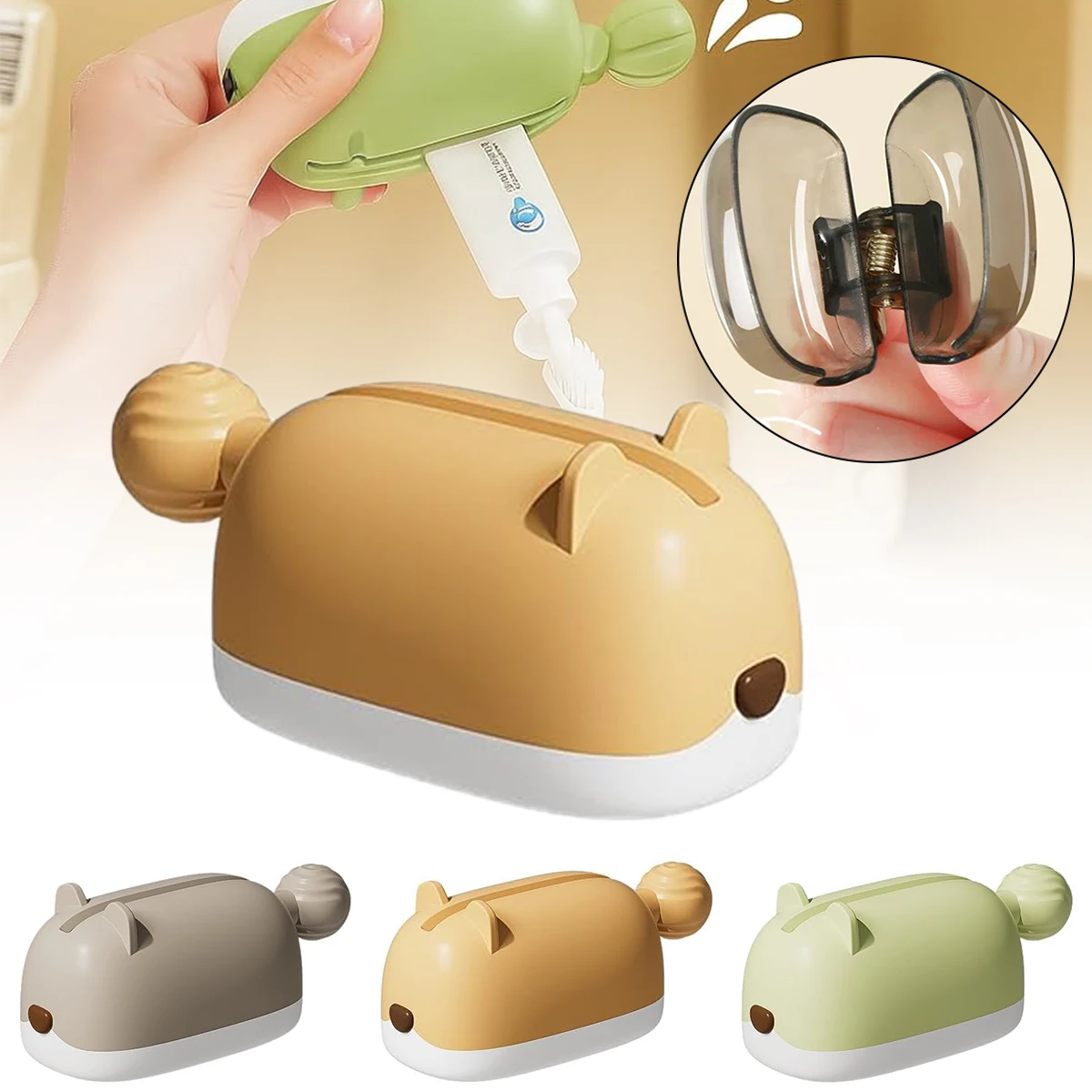 Hamster-Zahnpasta-Quetscher-Set – Enthält 4 Zahnbürstenkopf-Abdeckungen, niedlichen Lazy Dispenser & Halter, hygienischen Badezimmer-Organizer