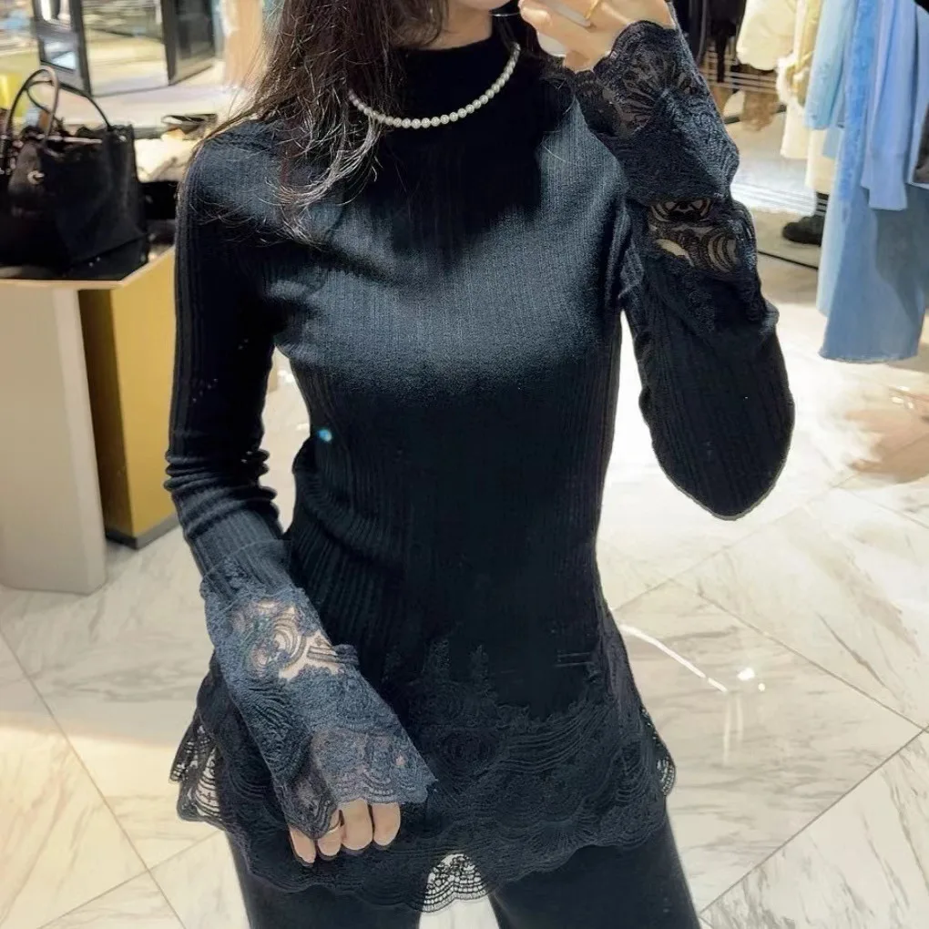 

【Gift Free】ES 2025 Autumn Winter New Fashion Elegant Lace-Panel Wool Knit Slim-Fit Top for Women, Base Layer Sweater
