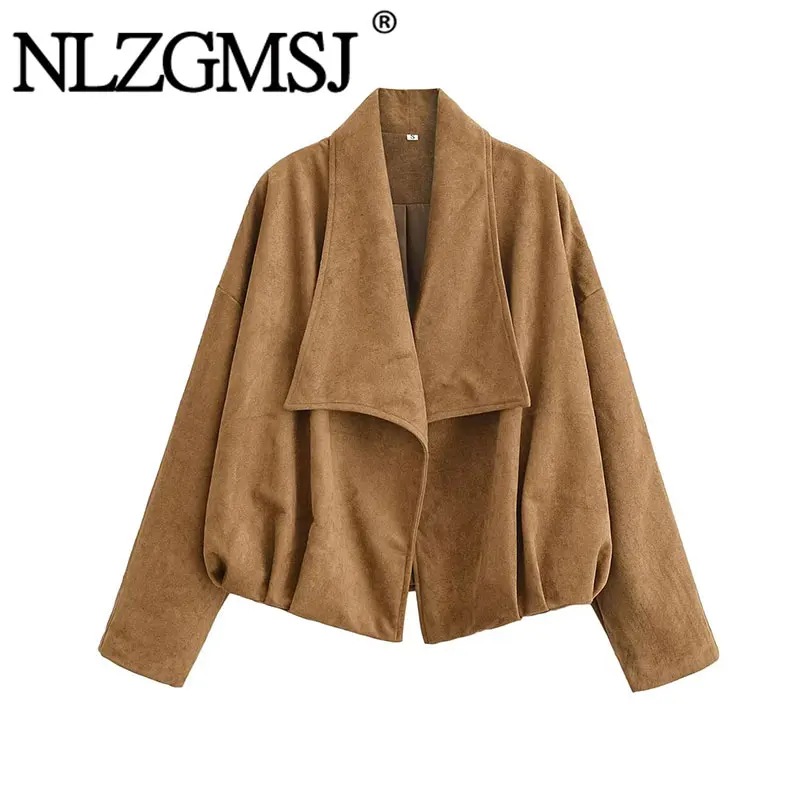 Nlzgmsj 2026 Frühjahr Neuerscheinung Damen Wildleder Drapierte Jacke - Übergroßer Offener Kurzmantel Lässige Oberbekleidung