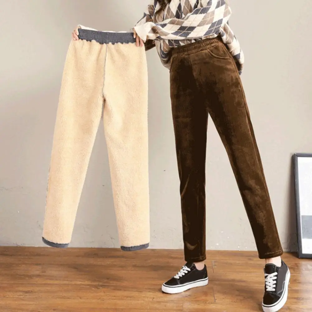 

Warm Women Trousers Corduroy Harem Pants Women's Cozy Winter Trousers with Elastic Waist Pockets Plush Fleece Lining Thickened