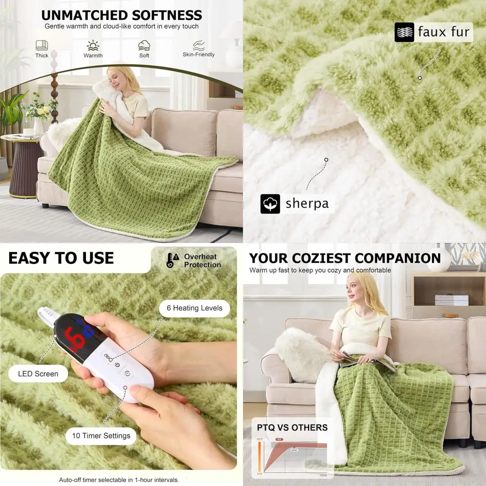 

6-Level Electric Heated Blanket with 10 Timers, ETL Certified, Soft Faux Fur, Fast Warming, Washable, Perfect Gift (62x84, Green