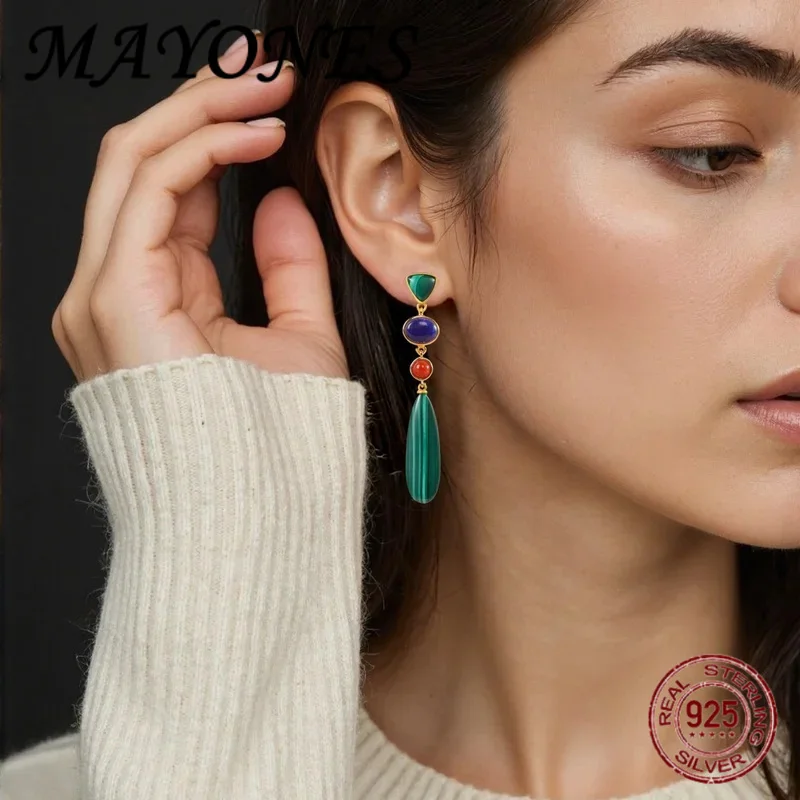 

NEW 925 Silver Malachite Onyx Lpais Lazuli Agate Long Dangle Drop Earrings Womens Geometric Colored Stone Fashion Earring
