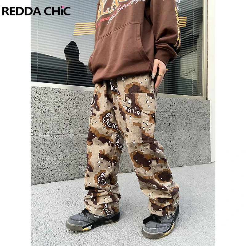 REDDACHIC 90s Retro Friends Camouflage Cargo Pants Men Elastic Waist Straight Wide Leg Casual Hiphop Sweatpants Y2k Streetwear