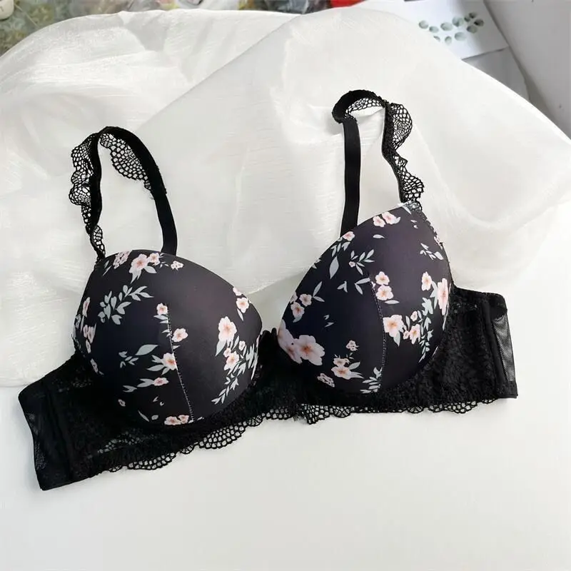 UBAU Printed glossy cute sweet girl summer small breasts gathered lace bra sexy sweet underwear set