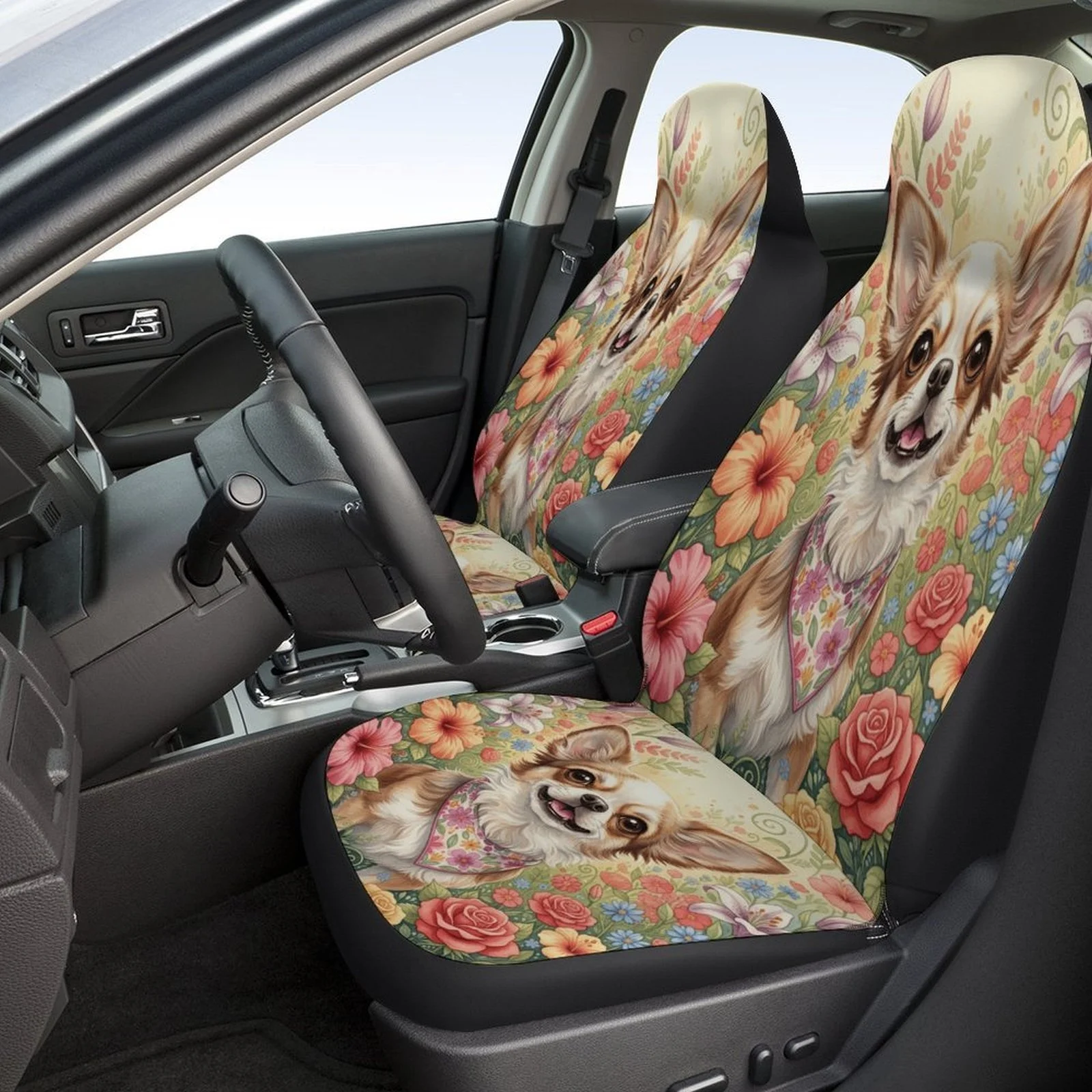 Set Of Car Seat Covers Featuring A Floral Chihuahua Design, Suitable For Various Vehicles. Stylish And Durable, This Complete Se
