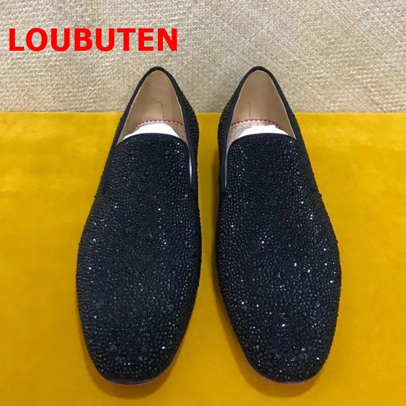 LOUBUTEN Luxury Brand Black Rhinestone Loafers Suede Leather Shoes Men Wedding Shoes Flats Casual Gentlemen Dress Shoes