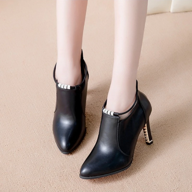 Women's High-quality Pointed Toe Elegant High-heeled Short Boots Spring Autumn New Korean Style Back Zipper Design Bare Boots