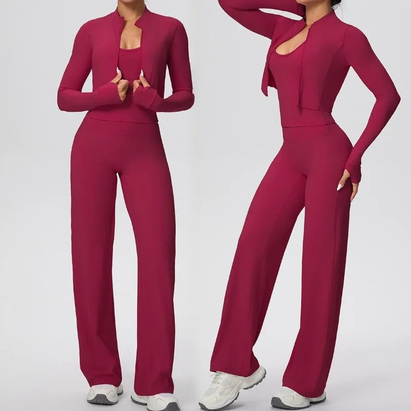 

Женский обтягивающий комплект для йоги, быстросохнущий облегающий жилет с широкими штанинами, длинный комплект из трех предметов, комплект для занятий спортом на открытом воздухе, фитнесом и отдыха