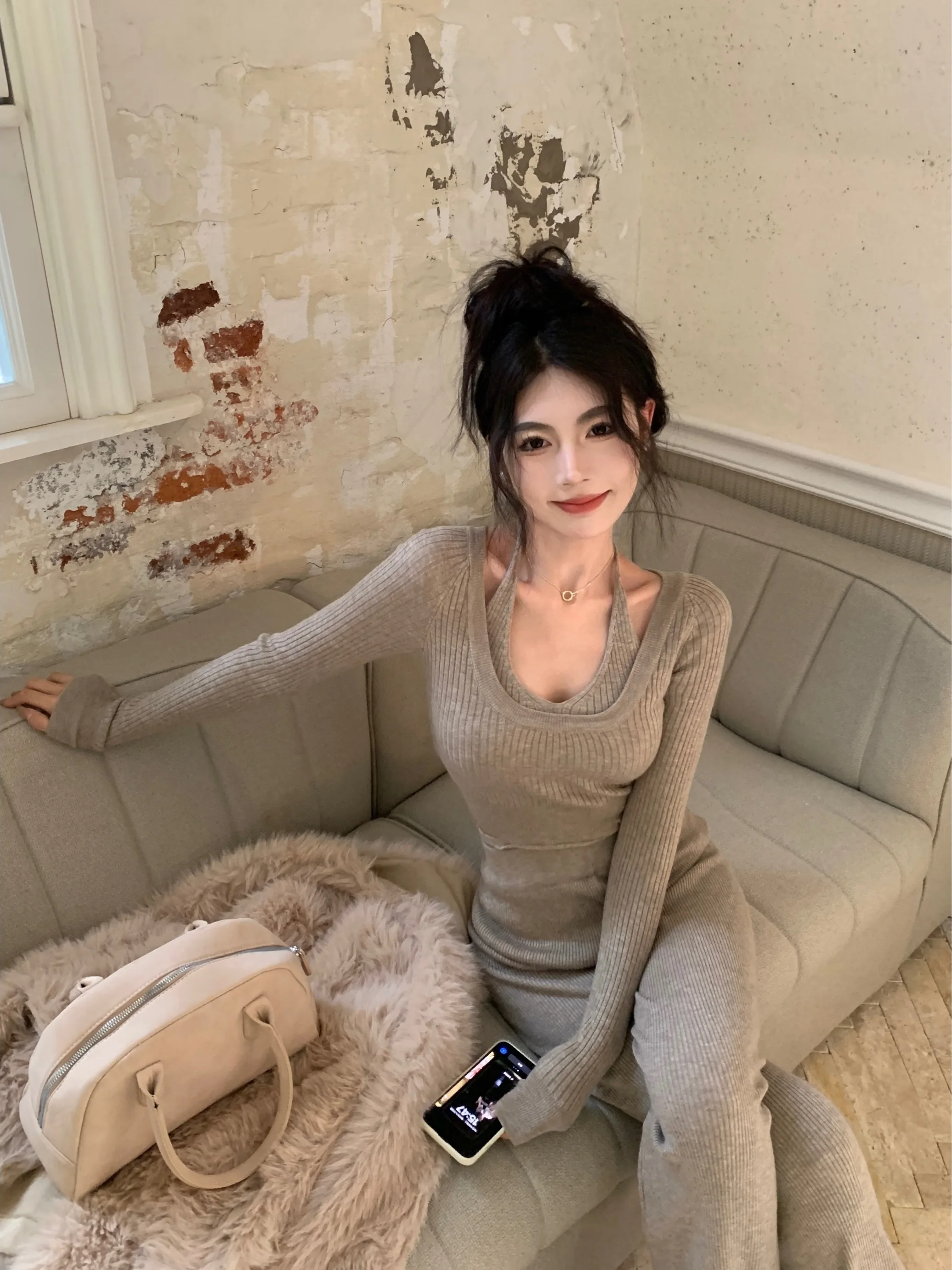 

Elegant Knitted Set for Women Long Sleeve High Waist Micro Flare Pants Two Piece Suit Spring Fashion Casual Wear Comfortable
