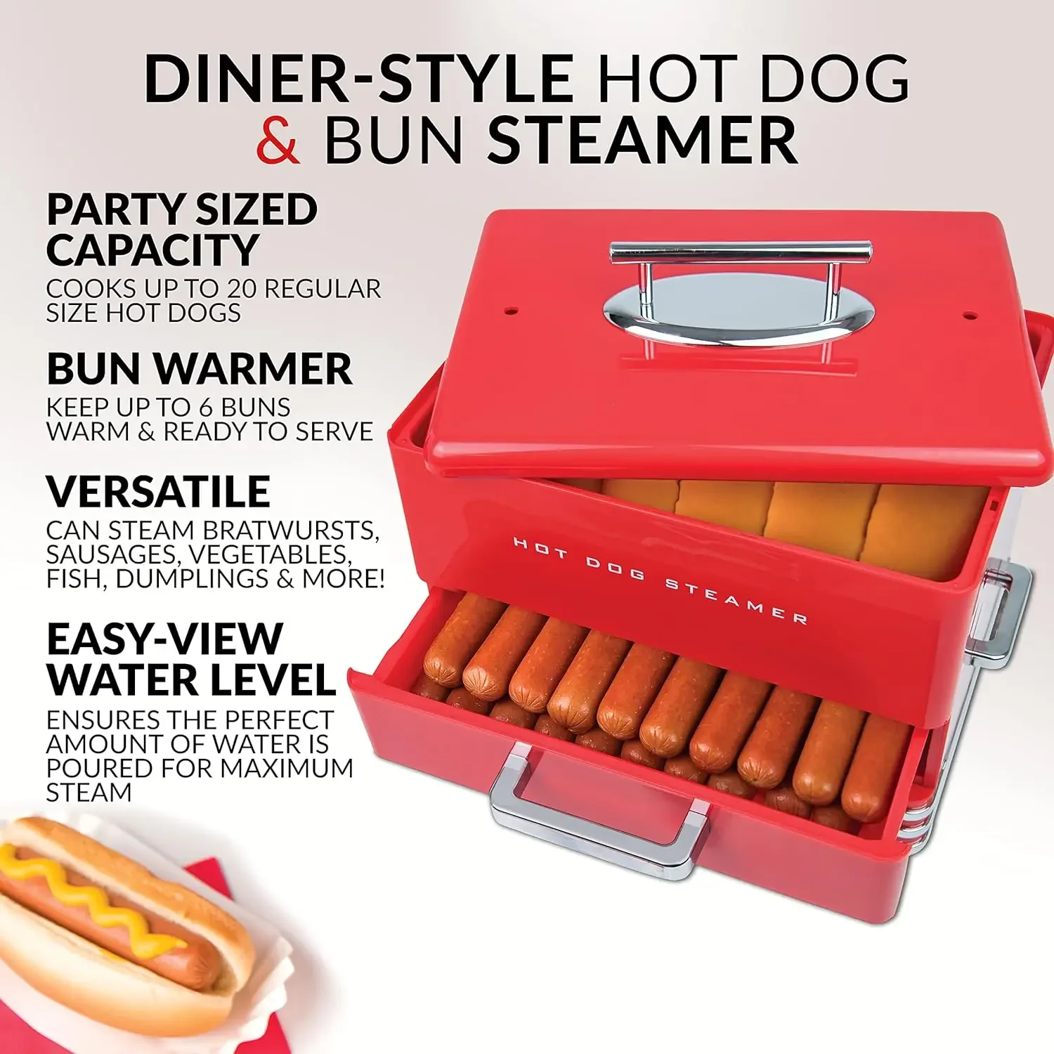 Extra Large Diner-Style Steamer 20 Hot Dogs & 6 Bun Capacity, Perfect for Breakfast Sausages, Brats, Vegetables,