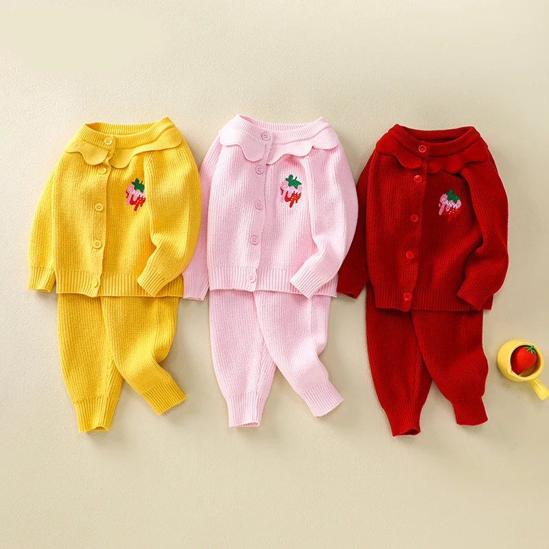 2Piece Spring Fall Toddler Girl Outfits Set Korean Cartoon Cute Baby Cardigan Sweater+Pants Knitted Suit Newborn Clothes BC1518