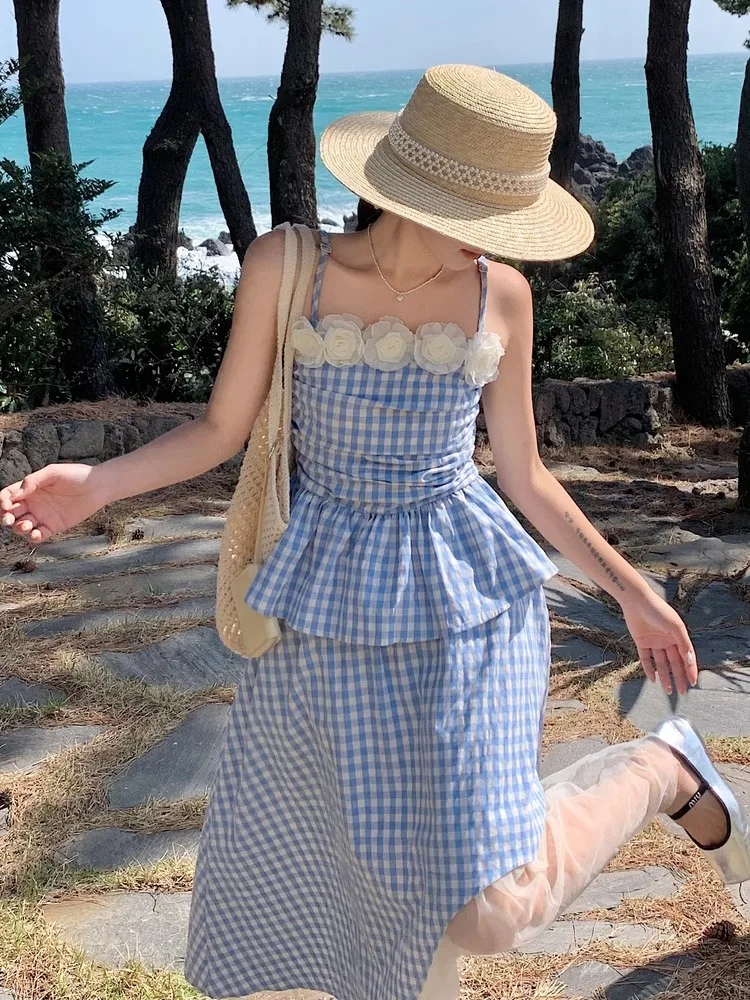 

French Plaid Style Two-Piece Women'S Summer Floral Camisole Top Paired With Mesh Patchwork Irregular Skirt Set