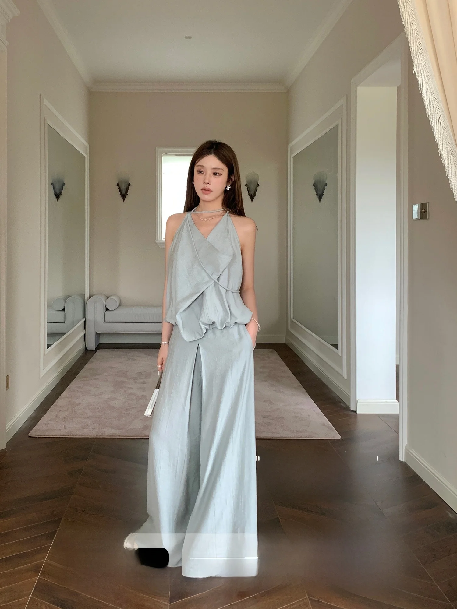 

KAS Свободный ленивый драпированный льняной комплект с v-образным вырезом, висящий жилет, топ, широкая юбка длиной до пола, комплект брюк, женский модный летний наряд