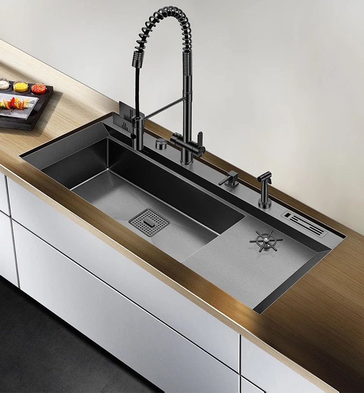 Luxury Single-slot Stainless Steel Kitchen Sink Custom Black Silver Hot And Cold Faucet Sink