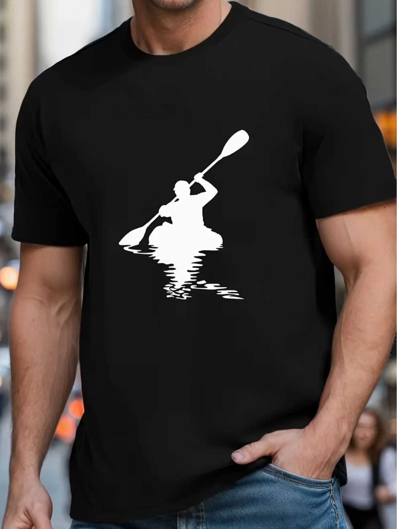 T-Shirt with Kayak Silhouette Print for Niche Outdoor Enthusiasts, Men's Trendy and Stylish Short-Sleeve for Everyday Wear and Commuting