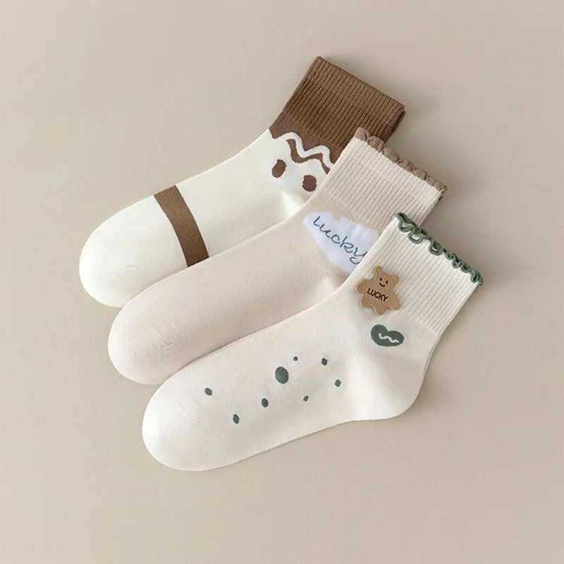 3Pcs Women's Cartoon Mid Calf Socks, New Autumn Sweat Absorbent Breathable Skin Friendly Short Socks for Daily Outfits