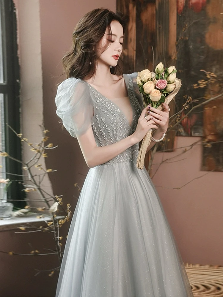 Elegant Blue Grey Evening Dresses A Line Puff Sleeves Gorgeous V-Neck Formal Party Tulle French Style Bridesmaid Prom Gowns