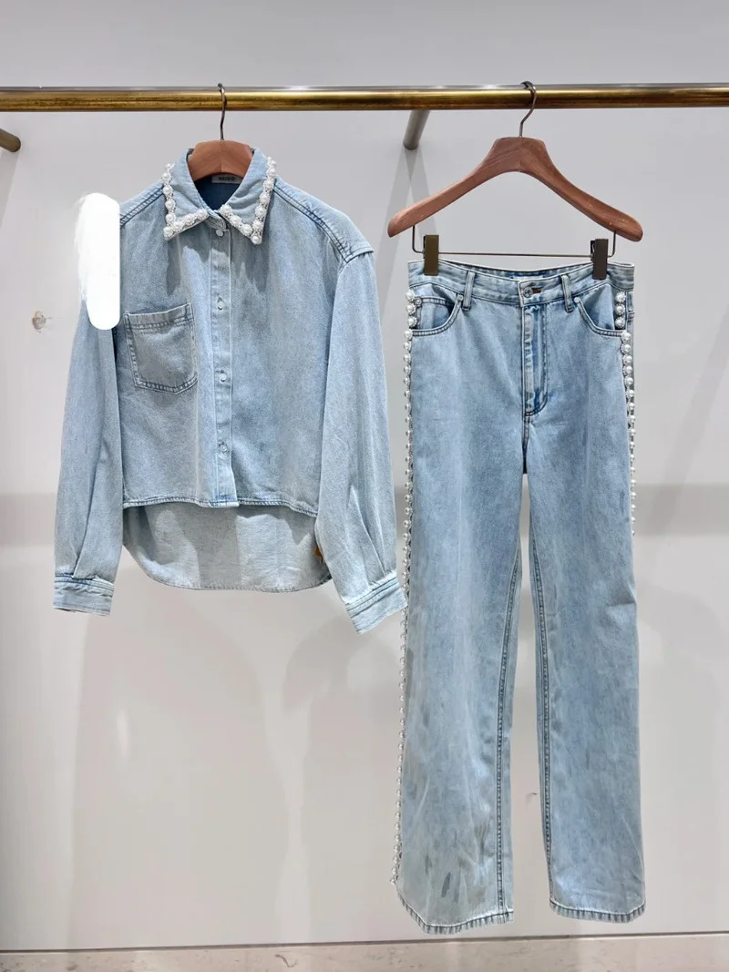 

Spring 2025 HEIDD Pearl Decorated Denim Jaet Wide Leg Pants Set Ele Sle Cotton Long Sve Button Closure Women's Fas...