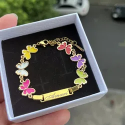 DUOYING-pulsera con placa de identificación personalizada para niños, cadena de mariposa, brazaletes de dijes coloridos esmaltados personalizados, regalo de joyería