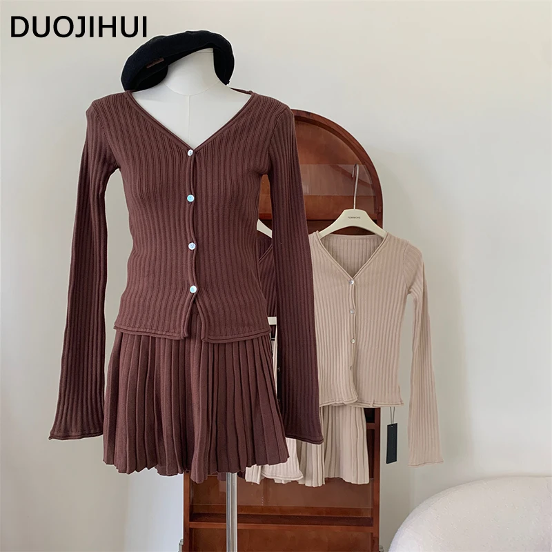 DUOJIHUI Sweet Two Piece Sexy V-neck Knitting Women Cardigan Basic Mini Skirts Fashion Solid Color Casual Autumn Female Cardigan