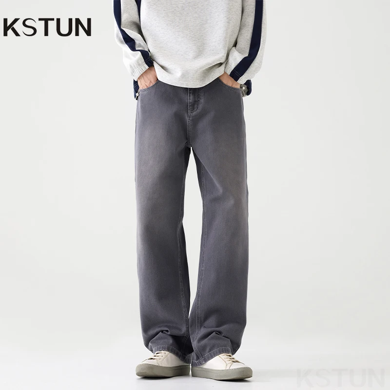 

KSTUN 100% Cotton Jeans Men Loose Straight Wide Leg Pants Gray Streetwear Vintage Americian Style Men's Long Trousers Autumn