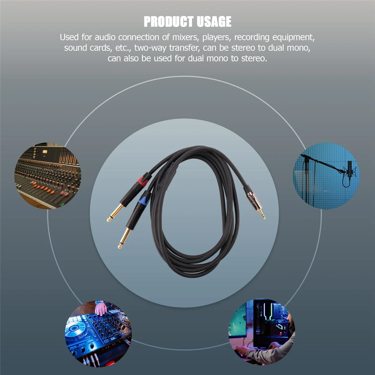 3.5mm to Dual 6.5mm Adapter Jack Audio Cable Double 6.35mm Male 1/4Inch Mono Jack to Stereo 1/8Inch 3.5mm Aux Cord, 2M